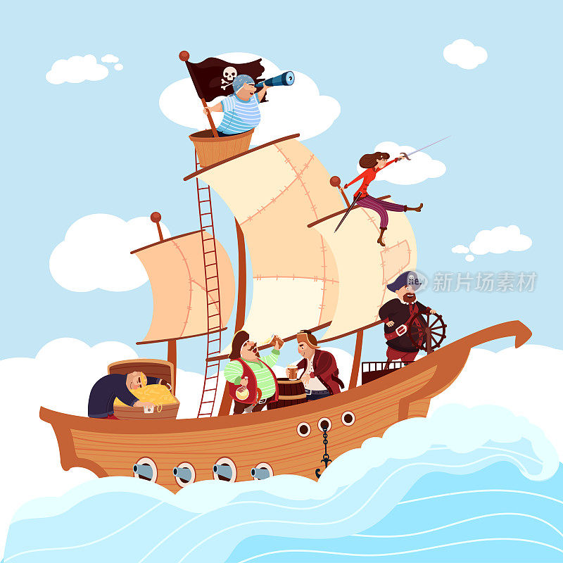 Pirates on wooden ship under white sails in sea